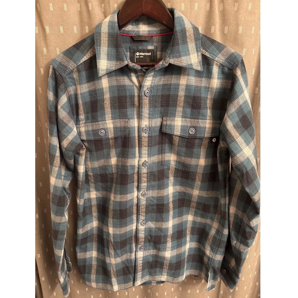 Marmot Mens Plaid Flannel Button Down Shirt Blue Teal SCC-622 Small